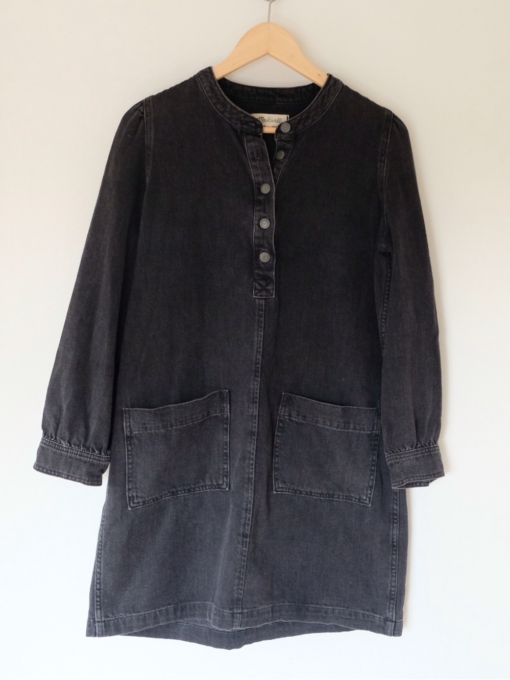 Madewell Black Denim Puff Sleeve Mini Shift Dress Size Small